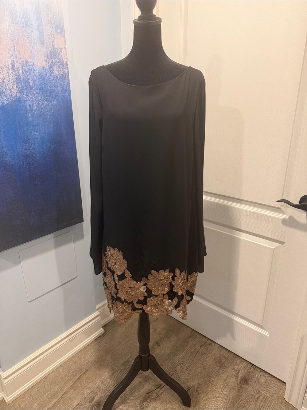 le chateau Black Long-Sleeve Shift Dress with Gold Floral Applique